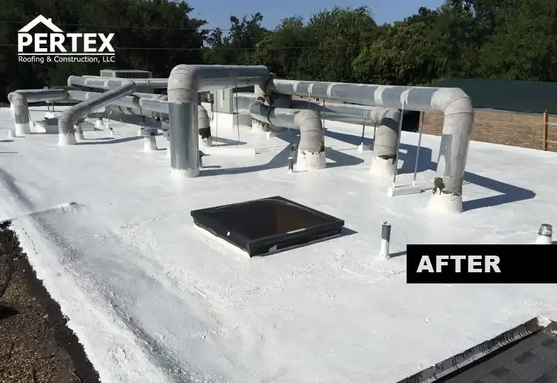 After photo of coated white commercial roof Dallas Texas