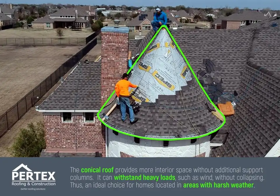 Roofer installing shingles on steep turret Murphy Texas